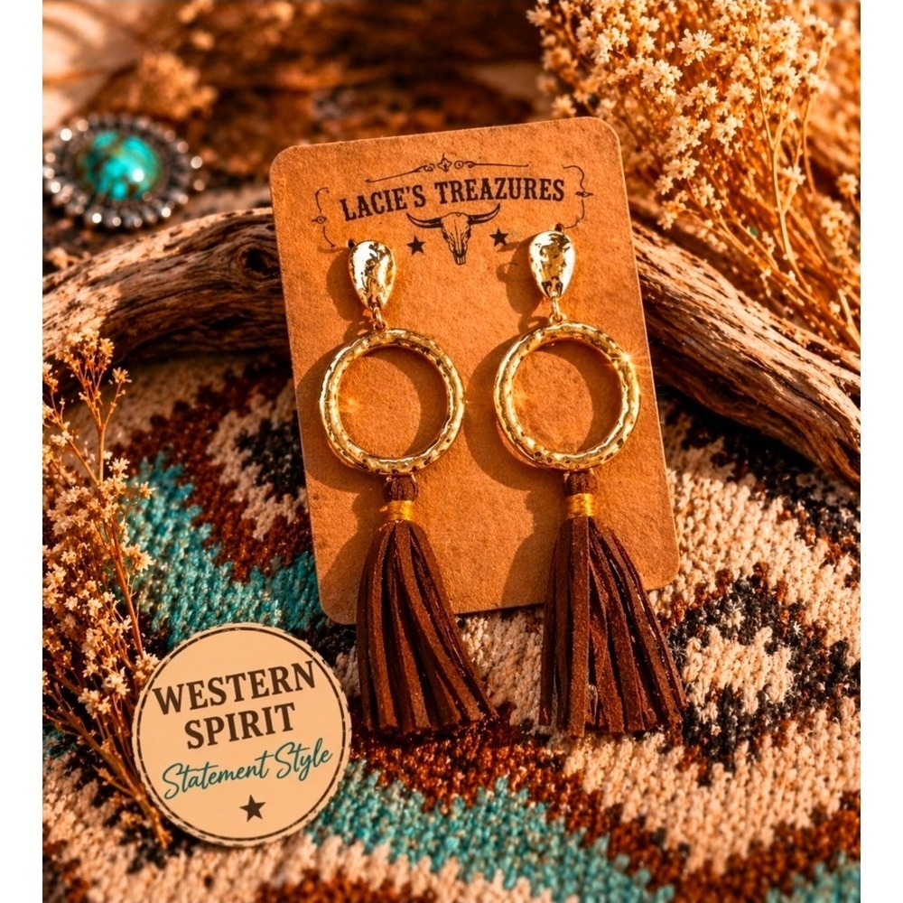 Western Gold Hoop Tassel Earrings • Boho Fringe Statement • Rustic Glam Style